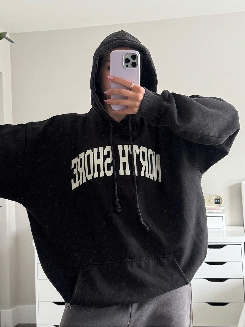 Brandy Melville Black Crewneck Hoodie with White 'NORTH SHORE' Print